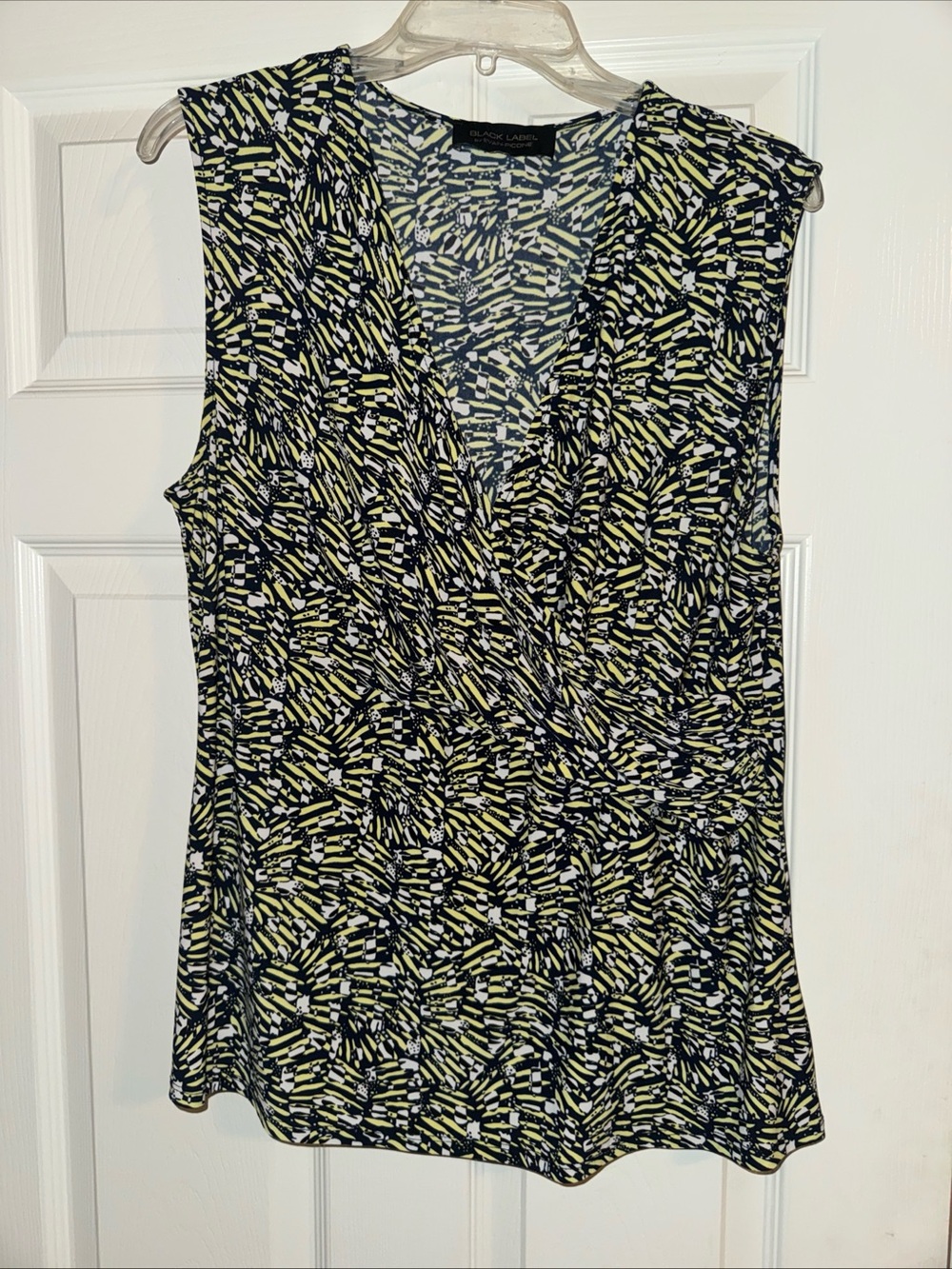 Evan Picone Black, White & Yellow Abstract Wrap-Front Sleeveless Camisole